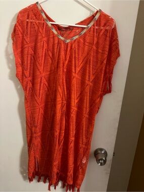 Prana Bright Orange Crochet V-Neck Tunic with Braided Trim